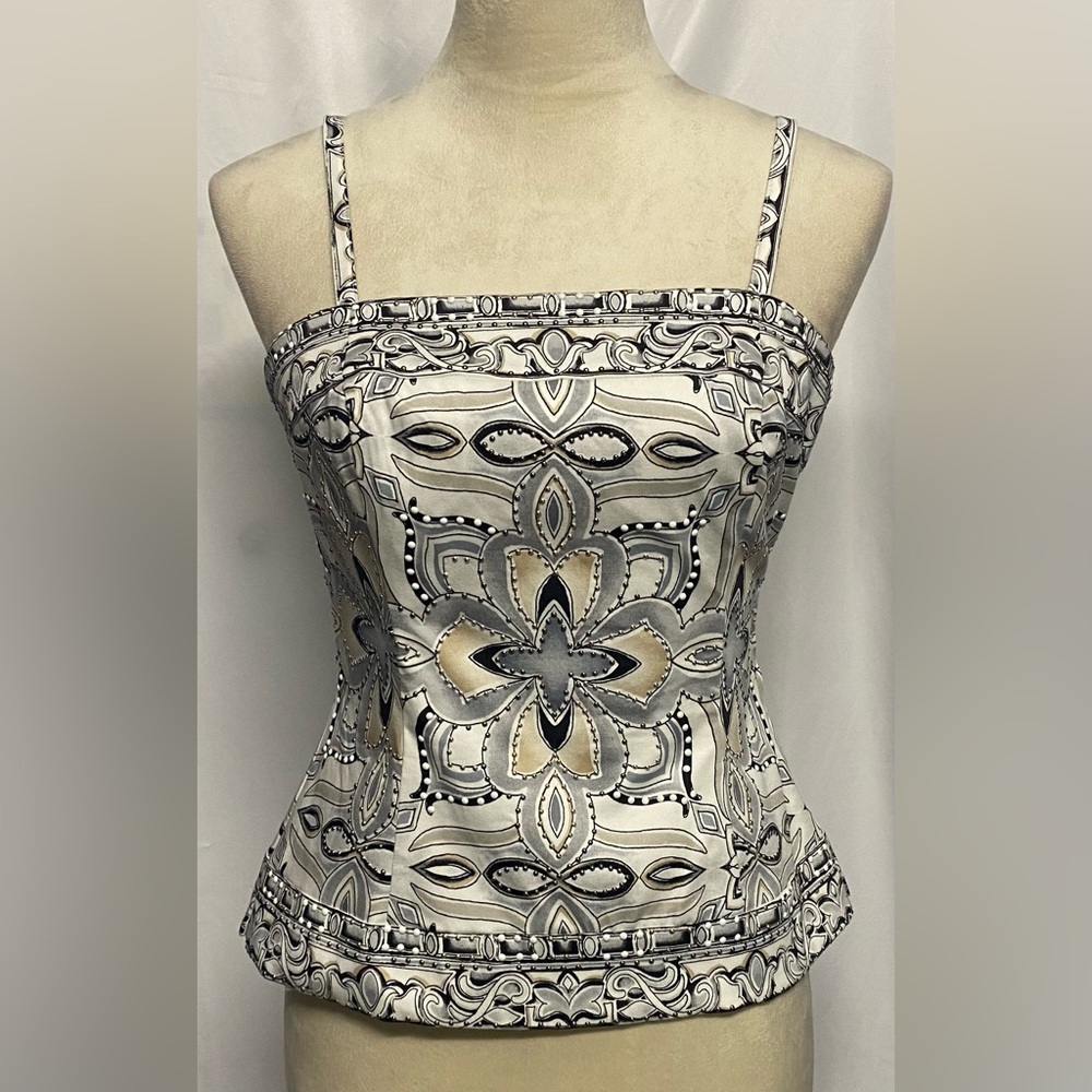 White House Black Market Cream and Black Printed Sleeveless Peplum Top